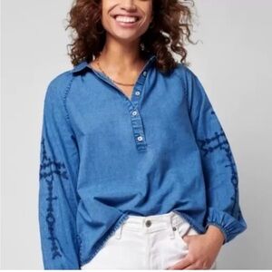 Faherty x Doug Good Feather Journey Native American Indigo Chambray Top Shirt XS